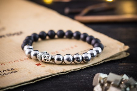Eliyah - 8mm - Matte Black And Chrome Silver Beaded Stretchy Bracelet with Silver Buddha