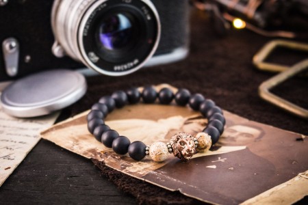 Jaidon - 8mm - Matte Black Beaded Rose Gold Lion Stretchy Bracelet with Jasper Stone Beads and Silver Flowers