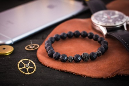 Beniamin - 8mm - Matte Black Faceted Onyx Beaded Stretchy Bracelet with Black Micro Pave Ball Charms