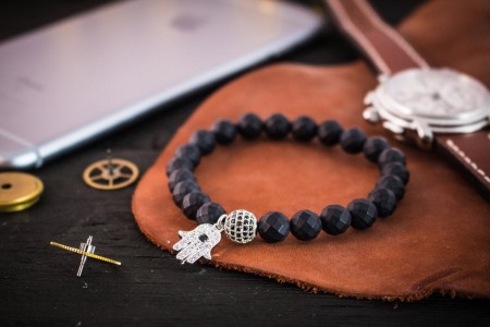Kaelenn - 8mm - Matte Black Faceted Onyx Beaded Stretchy Bracelet with Silver Micro Pave Hamsa Hand Charm & Ball