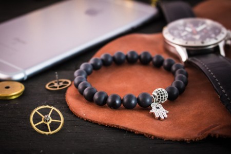 Parkash - 8mm - Matte Black Onyx Beaded Stretchy Bracelet with Silver Micro Pave Hamsa Hand Charm & Ball