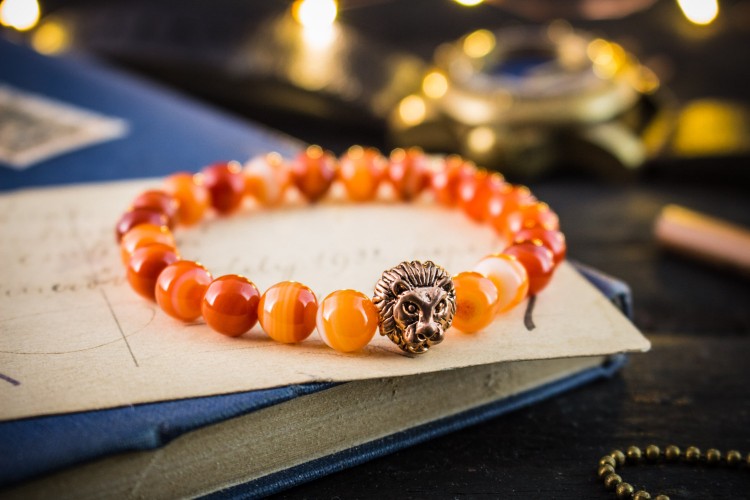 Robert - 8mm - Orange Agate Beads Stretchy Bracelet with Rose Gold Lion from STRAPSANDBRACELETS