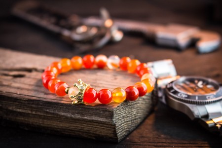 The Orange King - 8mm - Orange Agate Beaded Stretchy Bracelet with Gold Micro Pave Crown