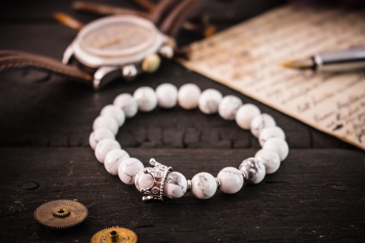 The White King II - 8mm - White Howlite Beaded Stretchy Bracelet with Silver Micro Pave Crown from STRAPSANDBRACELETS
