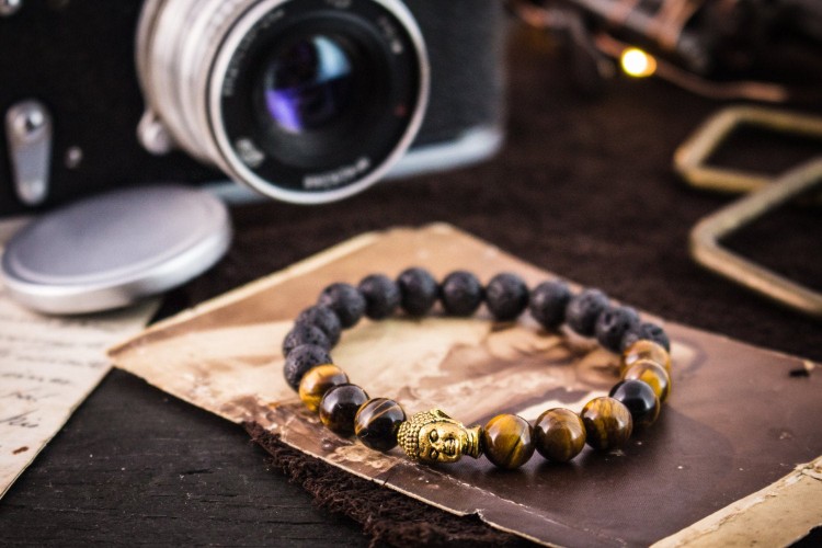 Rhuan - 8mm - Tiger Eye And Lava Stone Beaded Stretchy Bracelet with Gold Buddha from STRAPSANDBRACELETS