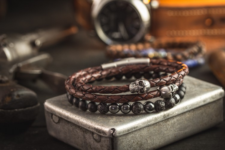 Milne - Pack of Two -  Onyx Beaded & Brown Genuine Leather Braided Cord Bracelets with Steel Skulls from STRAPSANDBRACELETS