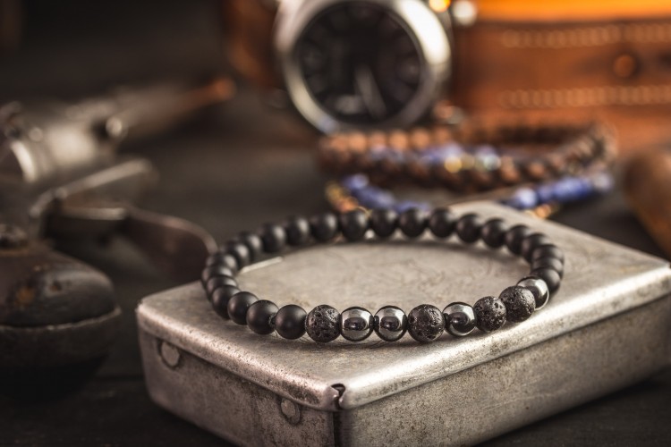 Milne - Pack of Two -  Onyx Beaded & Brown Genuine Leather Braided Cord Bracelets with Steel Skulls from STRAPSANDBRACELETS