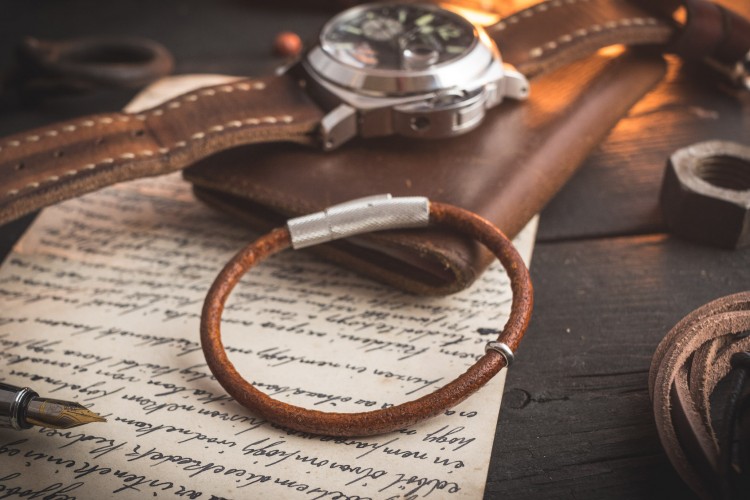 Travis - Cognac Brown Genuine Leather Braided Cord Bracelet with Steel Ring from STRAPSANDBRACELETS