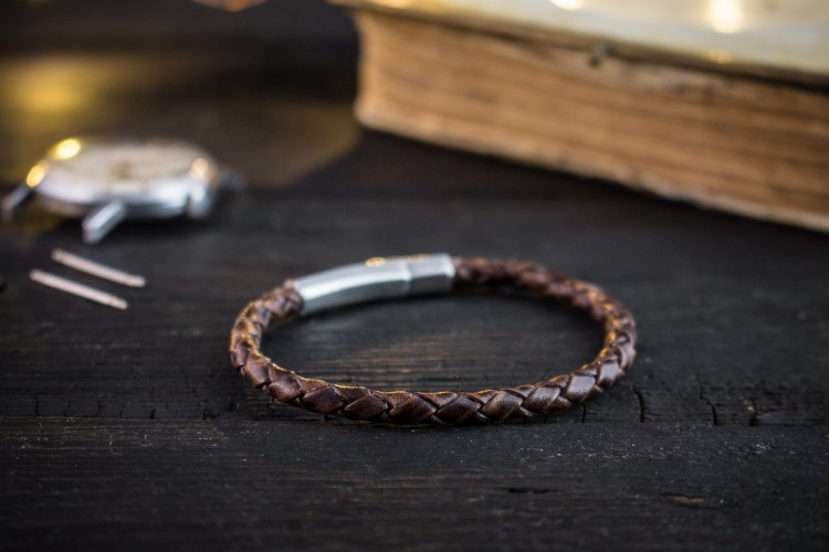 Jabril - Coffee Brown Genuine Leather Braided Cord Bracelet with Steel Clasp from STRAPSANDBRACELETS