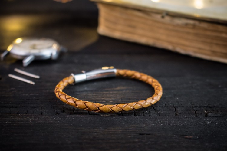 Fraser - Tan Brown Genuine Leather Braided Cord Bracelet with Steel Clasp from STRAPSANDBRACELETS