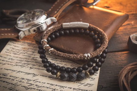 Rufus - Pack of Two - Brown Genuine Leather Braided Cord & Double Wrap Onyx Beaded Bracelets