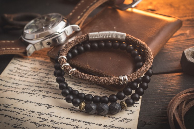 Rufus - 6mm - Brown Genuine Leather Braided Cord & Double Wrap Onyx Beaded Bracelets from STRAPSANDBRACELETS