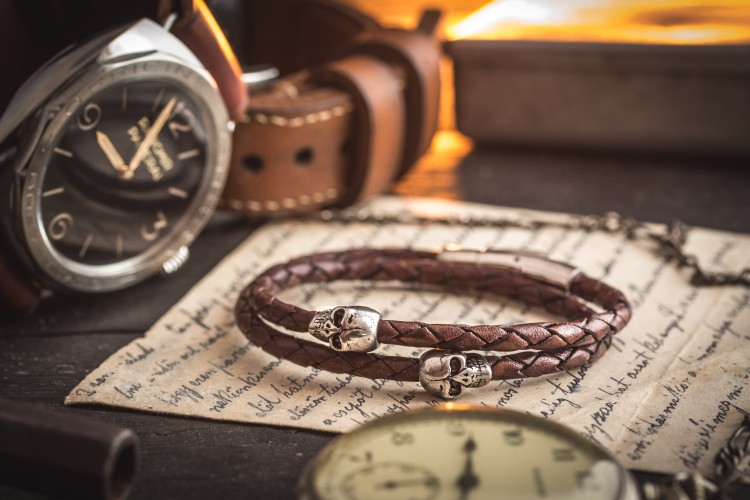 Milne - Pack of Two -  Onyx Beaded & Brown Genuine Leather Braided Cord Bracelets with Steel Skulls from STRAPSANDBRACELETS