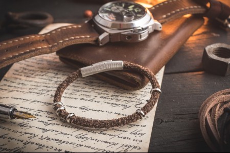 Zakaria - Brown Genuine Suede Leather Braided Cord Bracelet with Steel Rings
