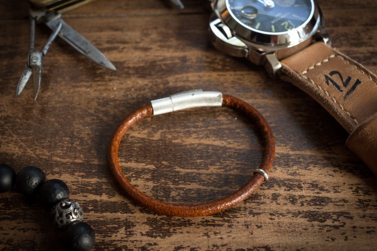 Travis - Cognac Brown Genuine Leather Braided Cord Bracelet with Steel Ring from STRAPSANDBRACELETS