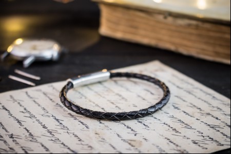 Haydn - Black Genuine Leather Braided Cord Bracelet with Steel Clasp