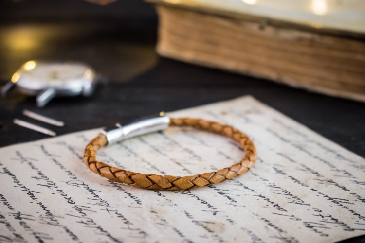 Fraser - Tan Brown Genuine Leather Braided Cord Bracelet with Steel Clasp from STRAPSANDBRACELETS