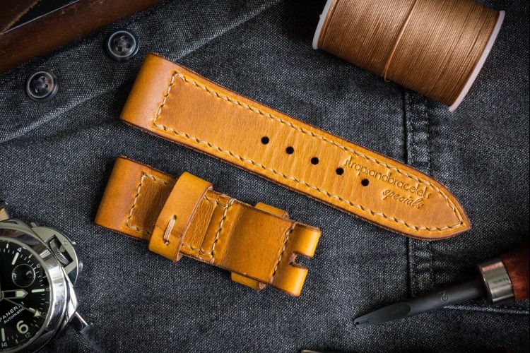 Antiqued Handmade 24/22mm Veg Tan Honey Leather Strap 120/75mm With Beige Stitching from STRAPSANDBRACELETS