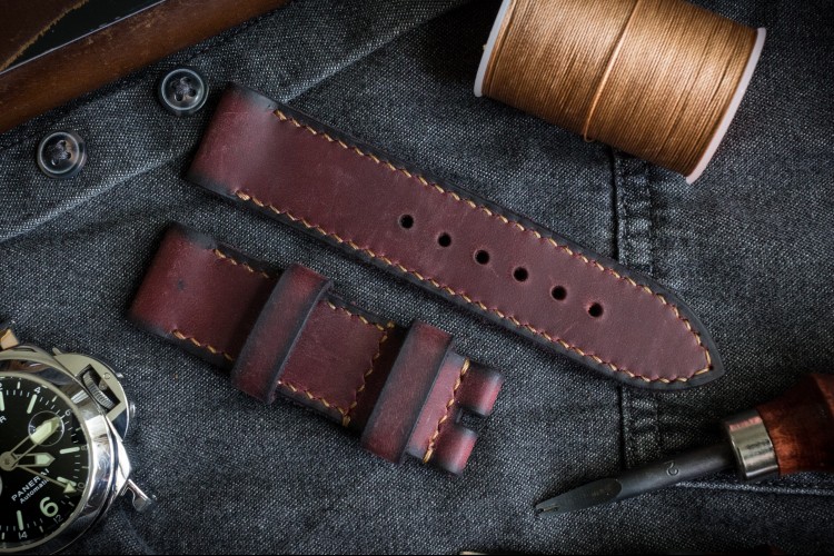 Antiqued, Handmade 24/24mm Burgundy Crazy Horse Leather Strap 125/80mm With Contrast Beige Stitching from STRAPSANDBRACELETS
