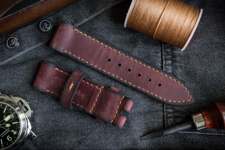 Antiqued, Handmade 24/24mm Burgundy Crazy Horse Leather Strap 125/80mm With Contrast Beige Stitching from STRAPSANDBRACELETS