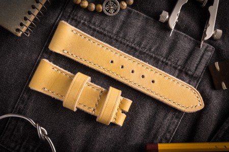 Antiqued Handmade 24/22mm Light Faded Yellow Leather Strap 130/80mm With Beige Stitching