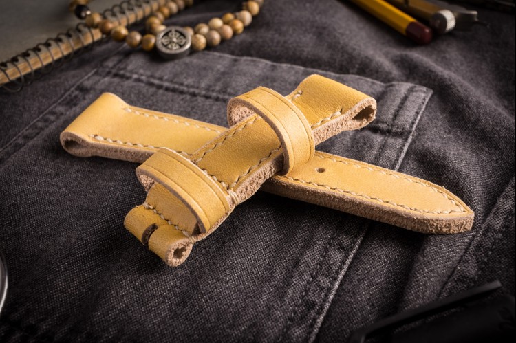 Antiqued Handmade 24/22mm Light Faded Yellow Leather Strap 130/80mm With Beige Stitching from STRAPSANDBRACELETS