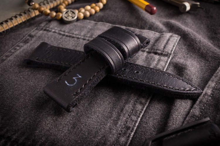 Antiqued Handmade 24/22mm Satin Black Leather Strap 130/80mm With Black Stitching and White Number 3 from STRAPSANDBRACELETS