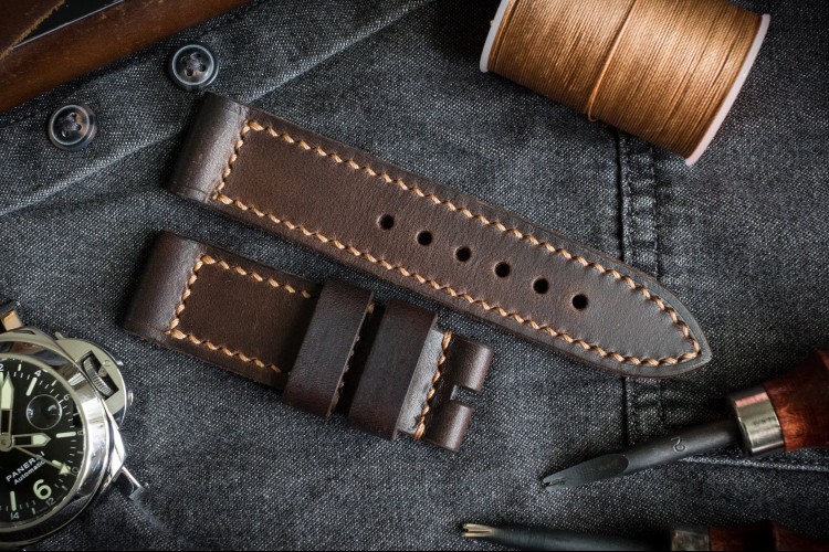 Dark Brown Handmade, Antiqued 24/24mm Veg Tan Leather Strap 125/80mm with Contrast Stitching from STRAPSANDBRACELETS