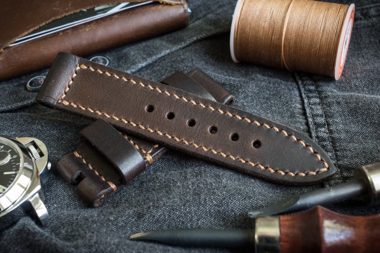Dark Brown Handmade, Antiqued 24/24mm Veg Tan Leather Strap 125/80mm with Contrast Stitching from STRAPSANDBRACELETS
