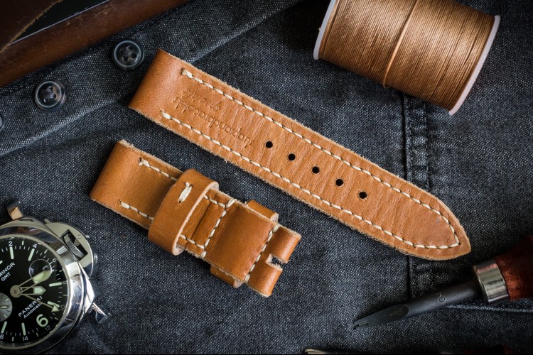 Handmade 22/22mm Veg Tan Light Brown Leather Strap 125/70mm with Beige Stitching from STRAPSANDBRACELETS