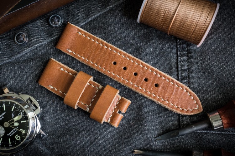 Handmade 22/22mm Veg Tan Light Brown Leather Strap 125/70mm with Beige Stitching from STRAPSANDBRACELETS