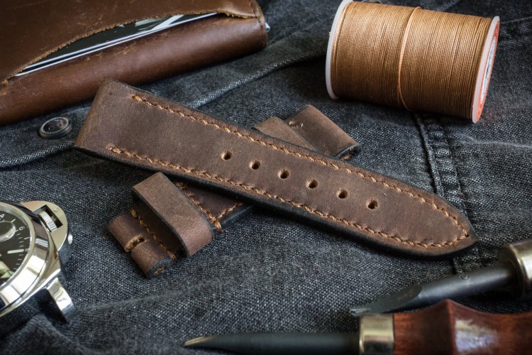 Handmade 24/22mm Brown Crazy Horse Leather Strap 120/80mm With Beige Stitching and Black Waxed Sides from STRAPSANDBRACELETS