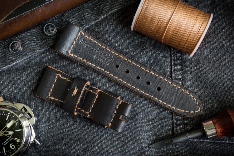 Handmade 24/22mm Veg Tan Dark Grey Leather Strap 125/75mm With Contrast Beige Stitching from STRAPSANDBRACELETS