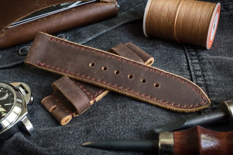 Handmade 24/24mm Brown Crazy Horse Leather Watch Strap 127/80mm With Burgundy Stitching and Raw Sides from STRAPSANDBRACELETS