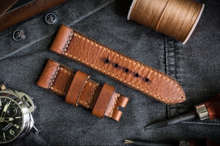 Handmade, Antiqued 24/22mm Brown Badalassi Wax Pull-up Leather Strap 120/75mm With Contrast Beige Stitching from STRAPSANDBRACELETS