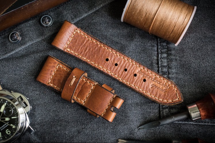 Handmade, Antiqued 24/22mm Brown Badalassi Wax Pull-up Leather Strap 120/75mm With Contrast Beige Stitching from STRAPSANDBRACELETS