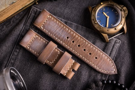 Antiqued Handmade 24/24mm Light Greyish Brown Leather Strap 125/80mm With Beige Stitching