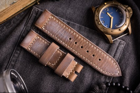 Antiqued Handmade 24/24mm Light Greyish Brown Leather Strap 125/80mm With Beige Stitching