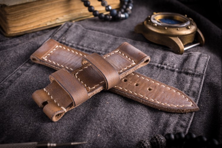 Antiqued Handmade 24/24mm Light Greyish Brown Leather Strap 125/80mm With Beige Stitching from STRAPSANDBRACELETS
