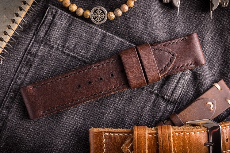 Antiqued Handmade 26/26mm Chocolate Brown Leather Strap 125/80mm with Black Stitching from STRAPSANDBRACELETS