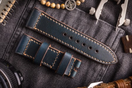 Antiqued Handmade 26/24mm Veg Tan Dark Blue Leather Strap 125/80mm with Contrast Stitching