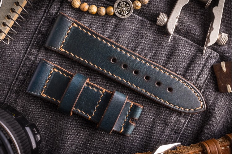 Antiqued Handmade 26/24mm Veg Tan Dark Blue Leather Strap 125/80mm with Contrast Stitching from STRAPSANDBRACELETS