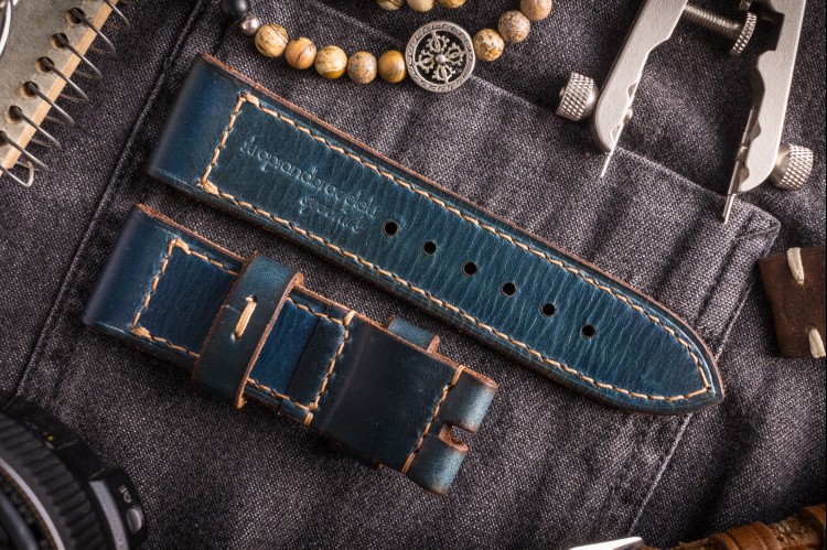 Antiqued Handmade 26/24mm Veg Tan Dark Blue Leather Strap 125/80mm with Contrast Stitching from STRAPSANDBRACELETS
