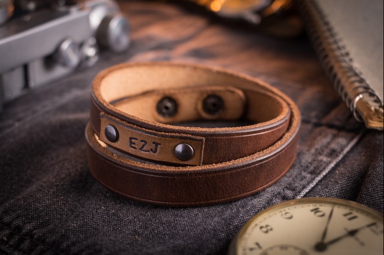 Benito - Personalized Chocolate Brown Genuine Leather Double Wrap Bracelet with Grey Snap Fastener from STRAPSANDBRACELETS