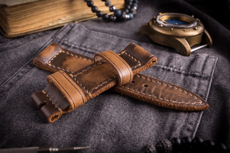 Distressed Handmade 24/24mm Brown Leather Strap 120/80mm With Beige Stitching from STRAPSANDBRACELETS