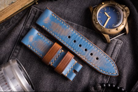 Distressed Handmade 24/24mm Veg Tan Faded Light Blue Leather Strap 120/80mm With Contrast Beige Stitching