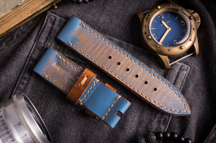 Distressed Handmade 24/24mm Veg Tan Faded Light Blue Leather Strap 120/80mm With Contrast Beige Stitching from STRAPSANDBRACELETS