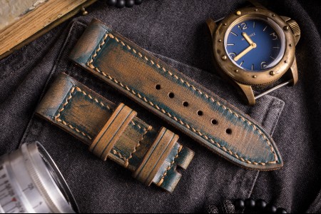 Distressed Handmade 26/26mm Green Leather Watch Strap 130/85mm with Beige Stitching