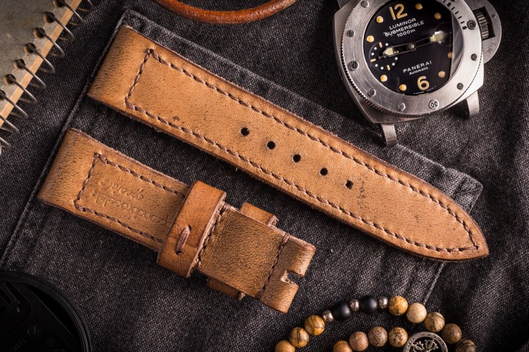 Egiziano II - Antiqued Handmade 24/22mm Veg Tan Brown Leather Panerai Strap 130/85mm With Brown Stitching from STRAPSANDBRACELETS