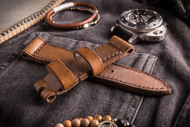 Egiziano II - Antiqued Handmade 24/22mm Veg Tan Brown Leather Panerai Strap 130/85mm With Brown Stitching from STRAPSANDBRACELETS